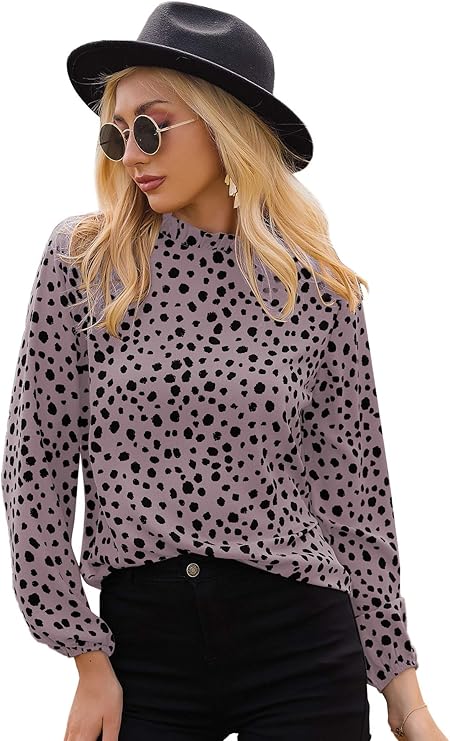 romwe 女式波尔卡圆点褶边企领长袖工作衬衫上衣 mauve purple large