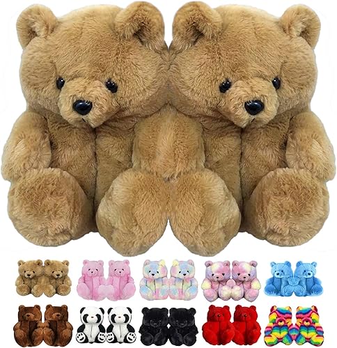 Rosyclo Rosyclo图片rosyclo价格teddy Bear 女式拖鞋 家居室内柔软毛绒防滑可水洗动物拖鞋 可爱毛绒冬季保暖人造毛皮大卡通 熊滑鞋适合儿童和成人浅棕色
