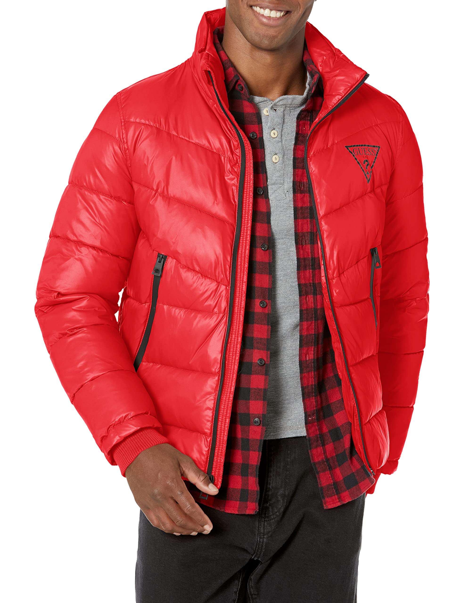 GUESS Men's Medium weight logo oversized zipper down jacket