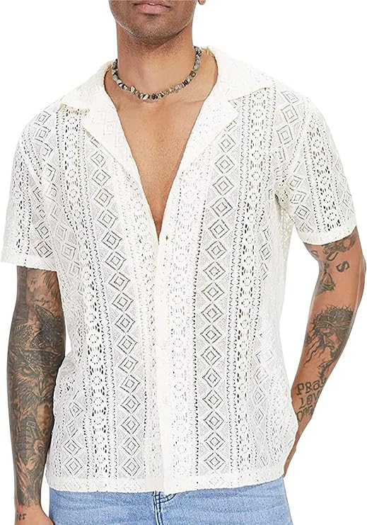 aieoe 男士蕾丝衬衫夏季短袖透明 t 恤休闲衬衫男士蕾丝衬衫v领蕾丝