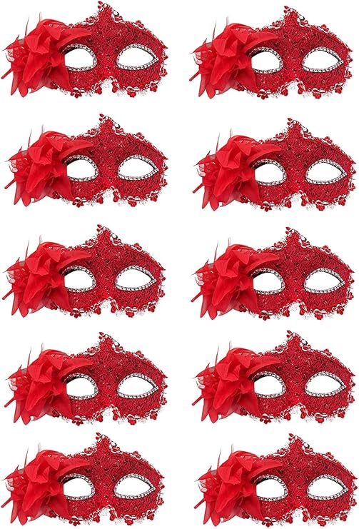 10 件女式化妆舞会面具威尼斯派对面具圣诞女式花朵半面罩,红色