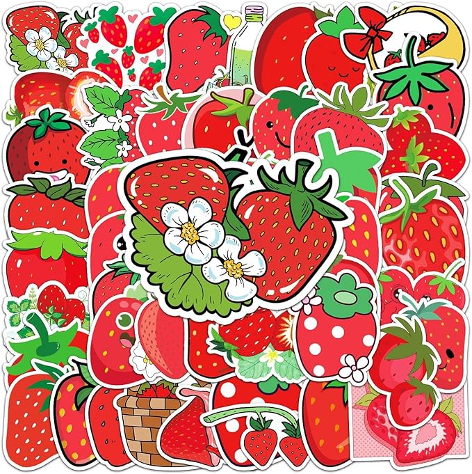 草莓贴纸包 50 张卡哇伊草莓防水乙烯基可爱贴纸非常适合酒瓶笔记本电