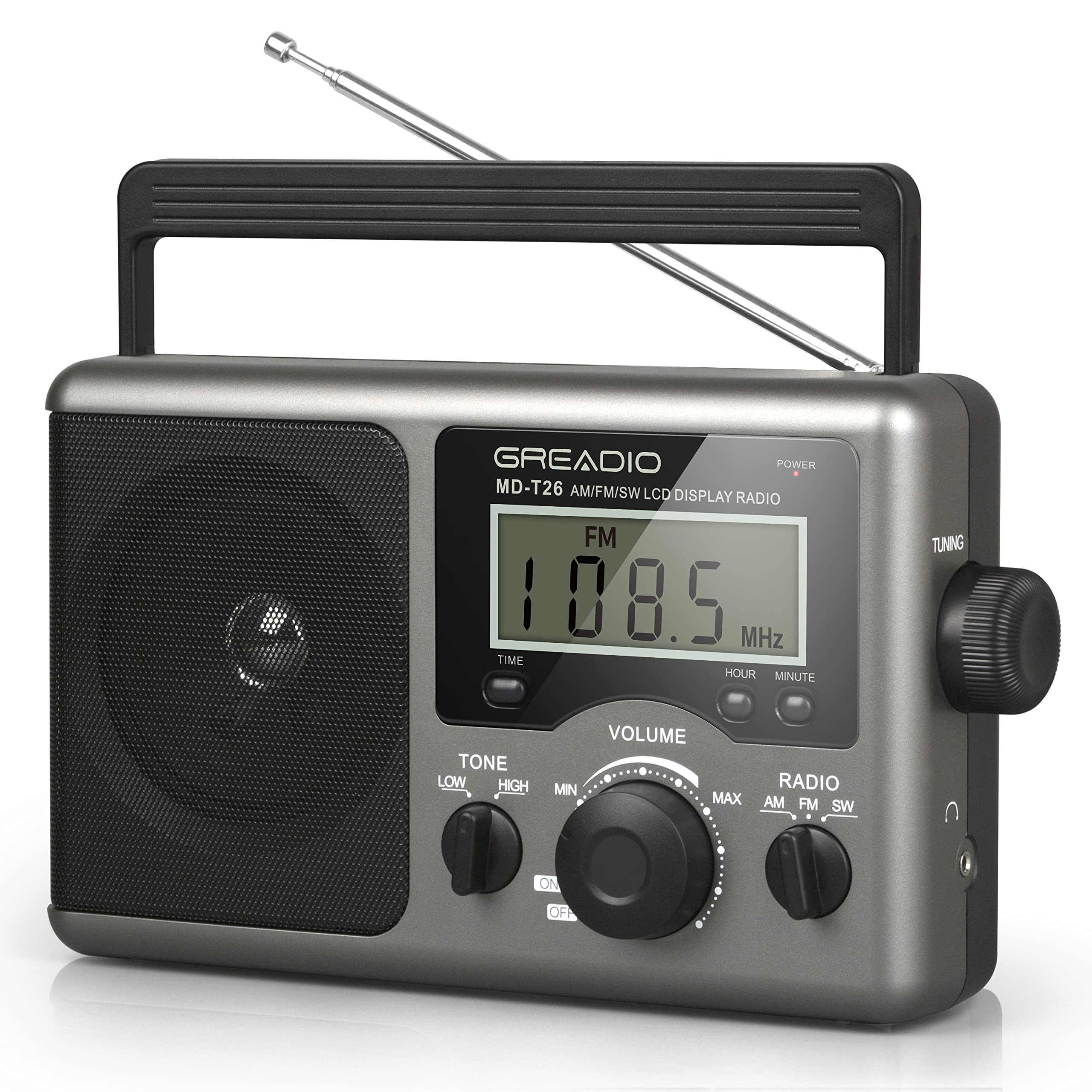 Greadio portable shortwave radio,AM FM transistor radio, best reception,LCD display, time setting, battery powered,4 D battery or AC power, large speaker, headphone jack, suitable for gift giving, eld
