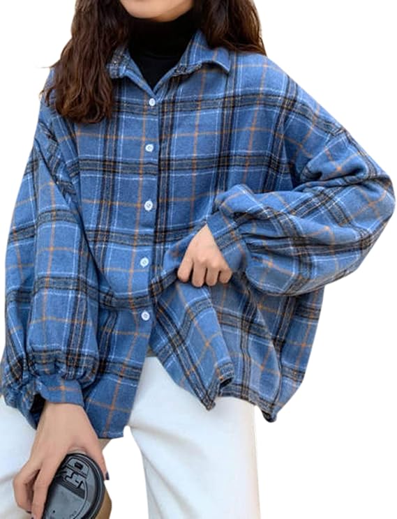 safrisior 女式法兰绒格子衬衫超大蝙蝠袖系扣长袖领衬衫上衣 蓝色