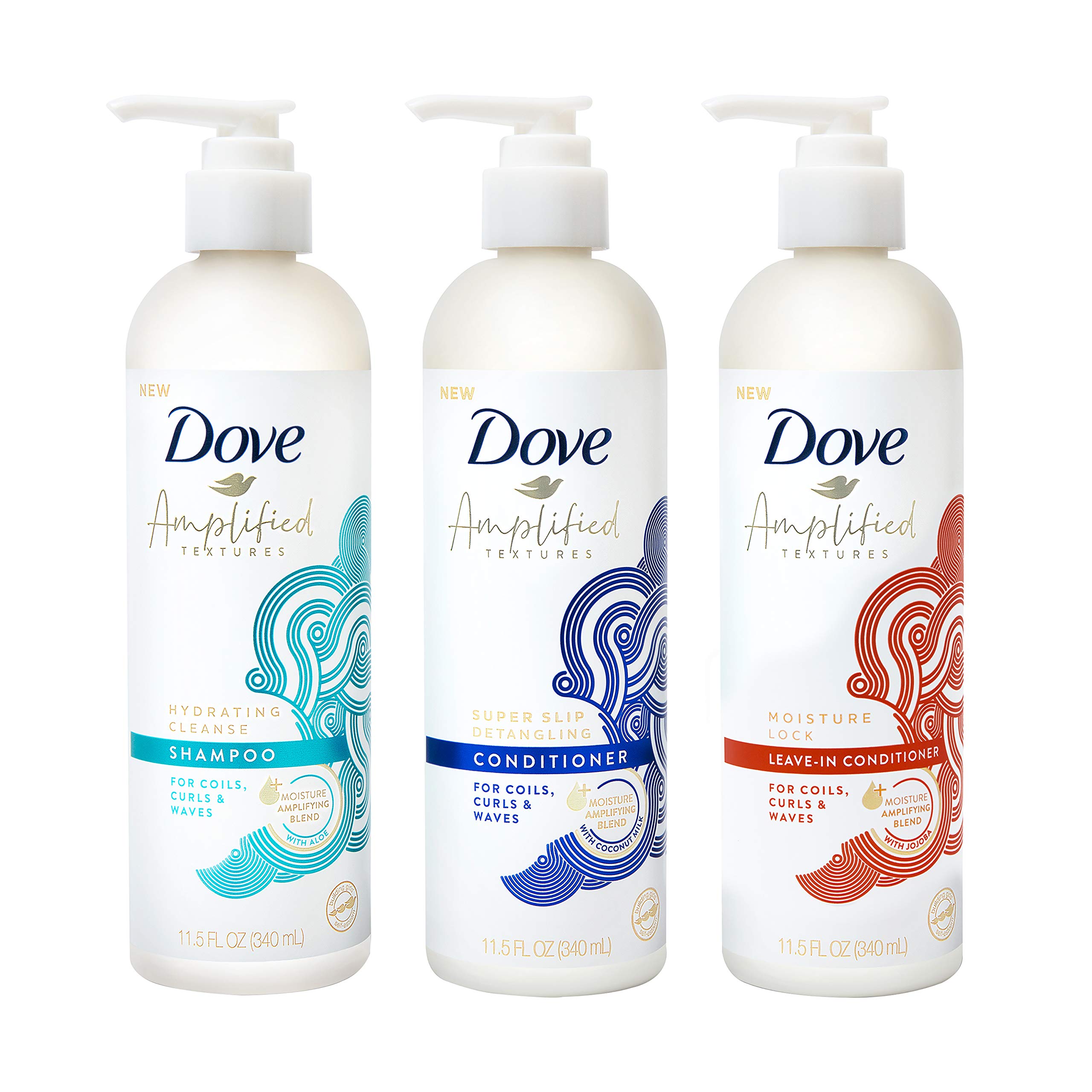Dove Amplified Textures Shampoo, Conditioner, Leave-in Conditioner for curly and wavy hair, Coconut Milk, Aloe Vera, and Jojoba Moisture Enhancing Blend, 11.5 oz. (340ml) in 3 packs