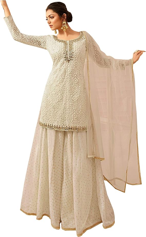 delisa女式印度巴基斯坦乔其纱白色拼装沙丽克米兹2207