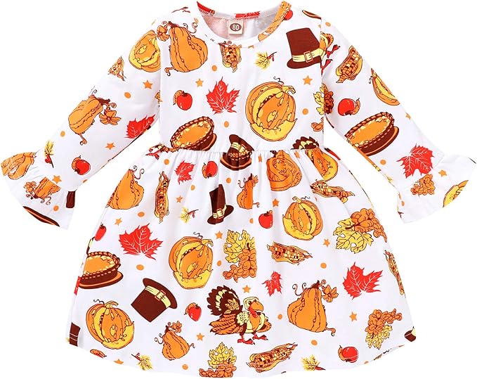 younger star 幼儿婴儿女孩感恩节连衣裙火鸡褶皱喇叭半袖裙派对