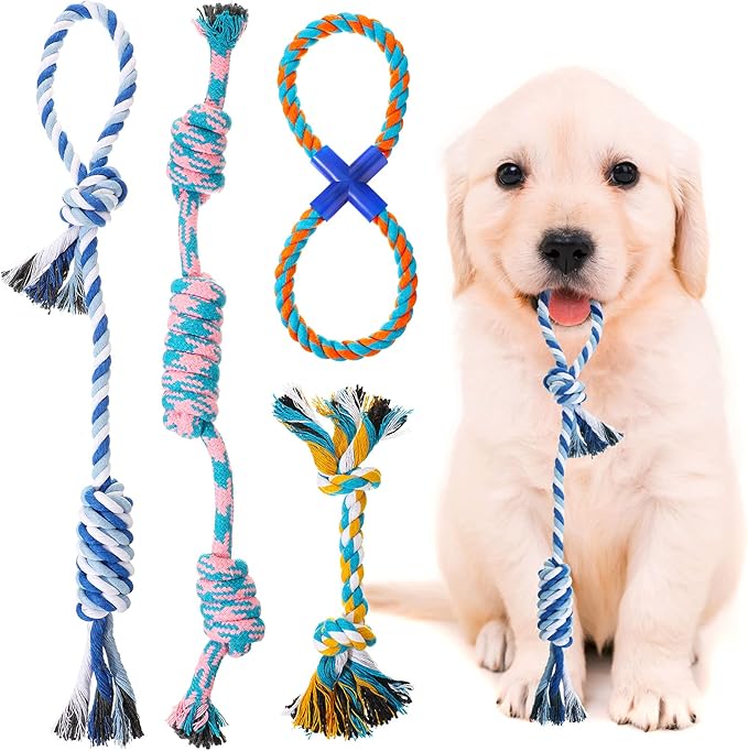 4 件狗狗绳索玩具适用于攻击性咀嚼狗玩具绳套装 tug of war 狗狗玩具