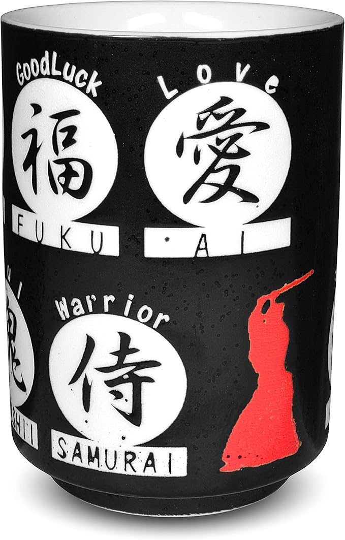 日本yunomi 寿司茶杯美浓烧,黑底汉字印花