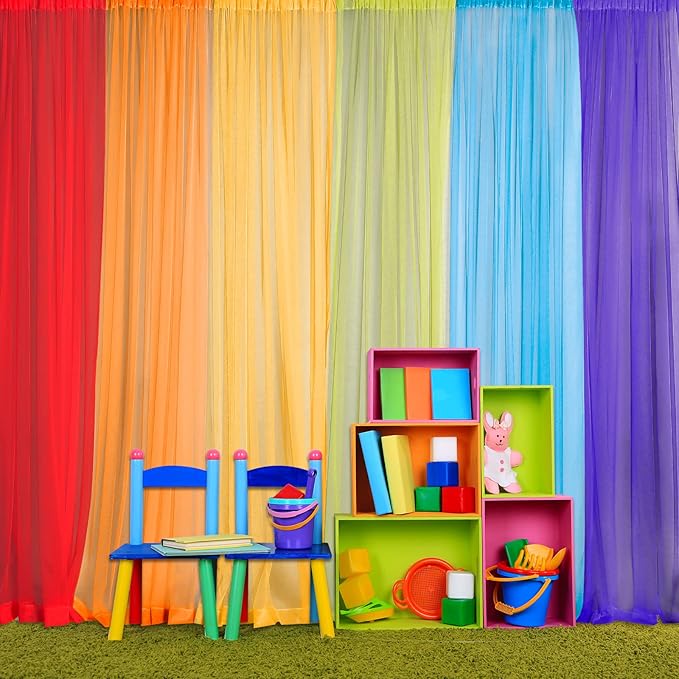 6 色彩虹背景窗帘薄纱派对背景窗帘彩色透明窗帘适用于婴儿淋浴门窗