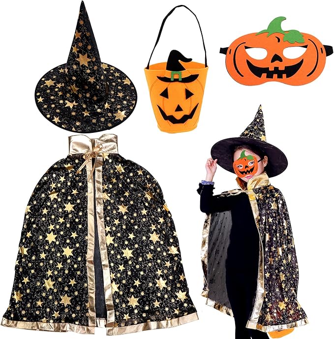 vanproo 万圣节巫师斗篷带帽子,万圣节儿童服装道具女巫斗篷南瓜口袋