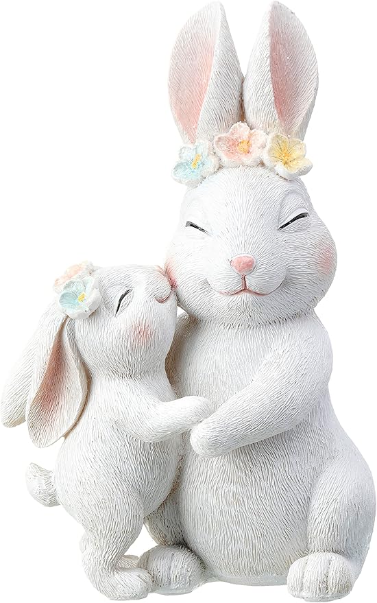 2 厘米)高白色复活节兔子雕像,亲吻宝宝兔子