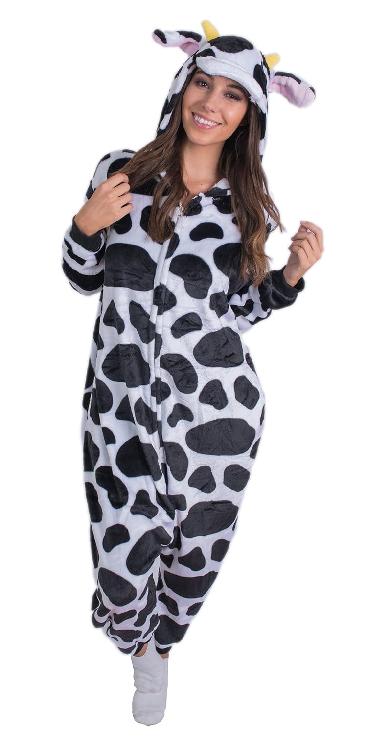 成人连体衣 奶牛 动物睡衣 穿着舒适 带拉链和口袋