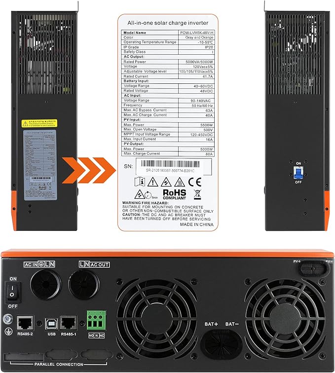 5kw 逆变器一体式混合逆变器带80a Mppt 充电器输出110vac 纯正弦波 大光伏输入功率5000w 500v 离网太阳能48v 逆变器 适用于