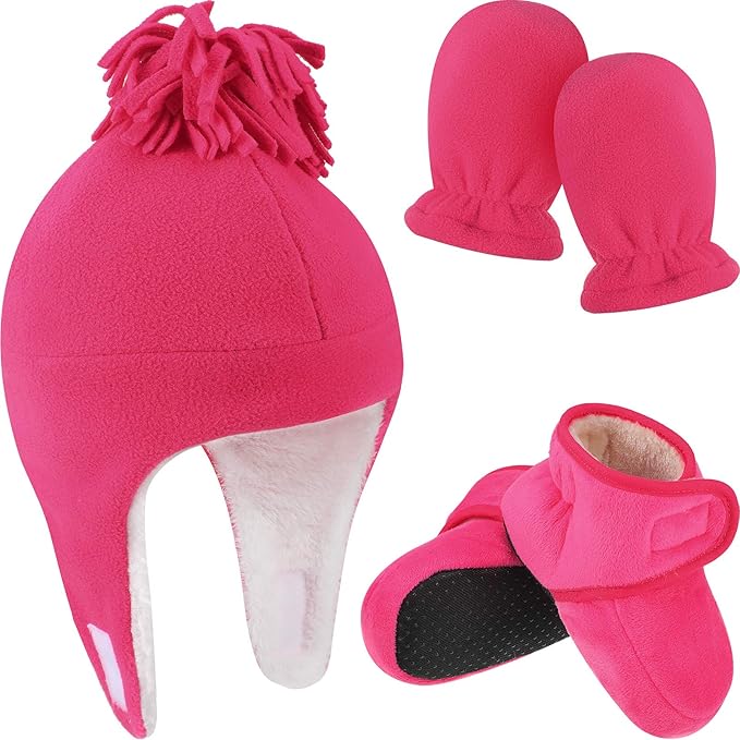 婴儿羊毛内衬保暖帽子和连指手套套装冬季舒适用品包括棉耳盖帽连指