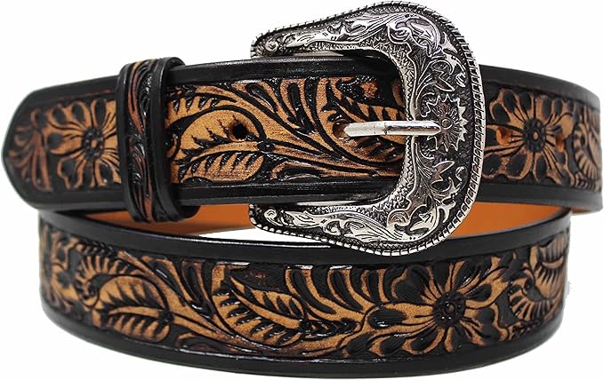 男式 3.81 cm 宽棕褐色皮革花卉图案休闲牛仔裤腰带 26fk19