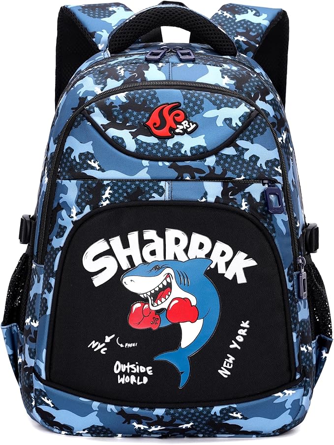 男童女孩卡通鲨鱼迷彩印花小学书包