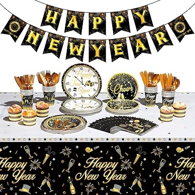 新年快乐派对用品餐具套装,可供 24 位客人使用,包括新年盘子杯餐巾叉