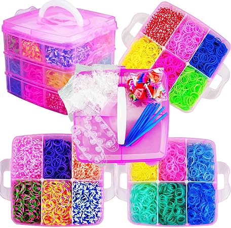 阳光童趣出口欧美rainbow Loom彩虹织机手环编织皮筋3层小号塑料盒 家庭套装 含18色皮筋数量为5400条每格300条 小挂件个 6根小钩针 S扣144个左右 怪兽尾巴编织器2个 弹弓形小编织器1个 1张英文 说明书 透明盒