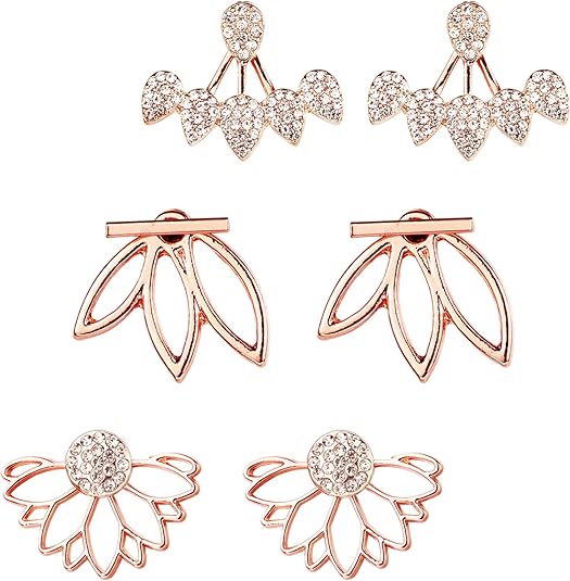 Maxdot 3 对装3 种款式莲花耳环简单耳钉女式玫瑰金 珠宝首饰 亚马逊中国