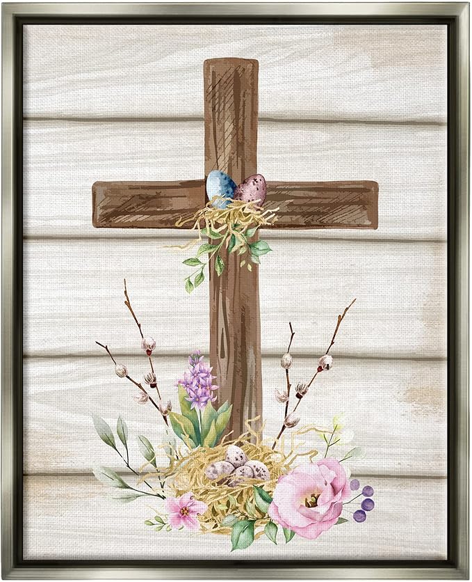 stupell industries 精神复活节十字架春天花朵框架浮板帆布墙艺术,由