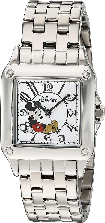 disney 迪士尼女式米老鼠模拟石英手表不锈钢表带,银色,18(型号:51107