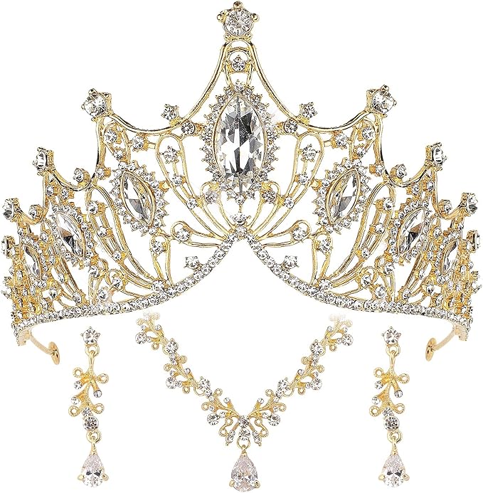 ondder 巴洛克皇冠皇冠新娘珠宝套装巴洛克皇冠皇冠耳环项链水钻水晶