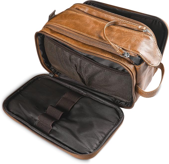 frebeauty 男士洗漱包 大号 dopp 套装 双拉链 旅行剃须袋 合成皮革