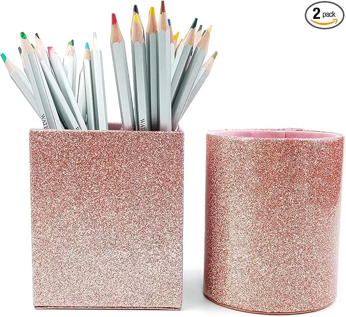 2 件装粉色闪光笔筒 PU 闪光铅笔架 女孩可爱笔杯容器 女士办公桌配件