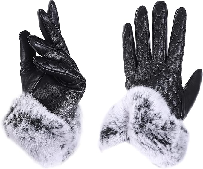 mosa 女式真羊皮皮革手套冬季时尚触摸屏手套带 v 形毛皮袖口