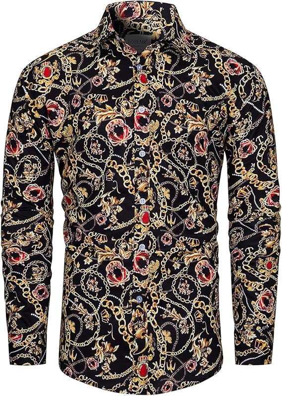 fohemr 男式巴洛克印花衬衫奢华长袖纽扣领衫,适合派对舞会