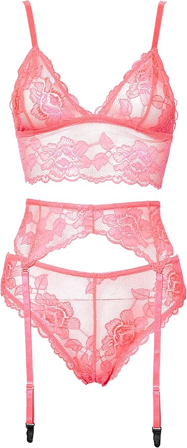 tease 蕾丝吊袜带 3 件套 - 粉色