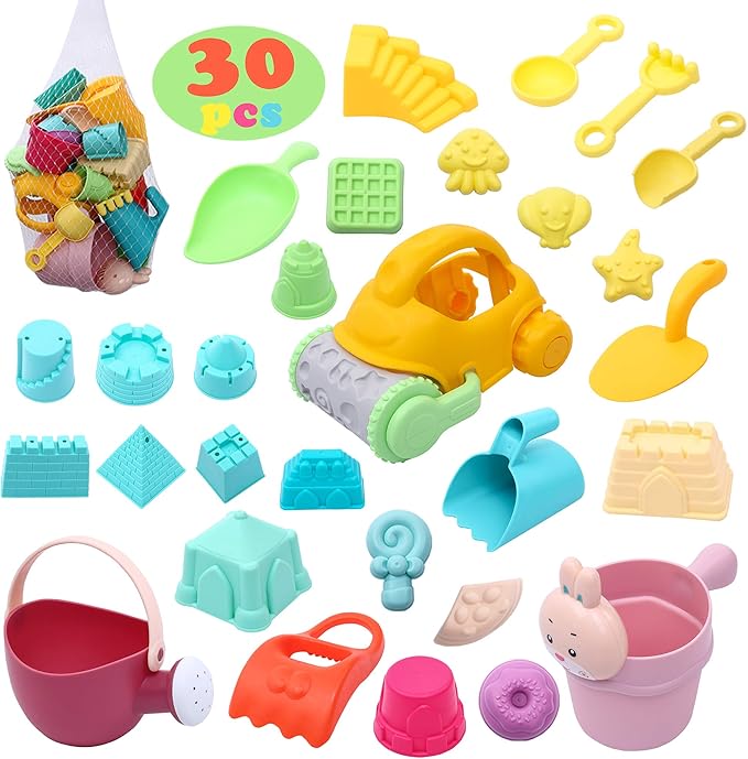 30 件沙滩玩具沙滩玩具套装,适合 3 – 10 岁幼儿的沙箱玩具,带网眼