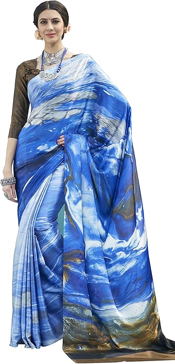 burst 绸缎纱丽数码印花,印度纱丽女士,婚礼装,派对服装,休闲穿着蓝色