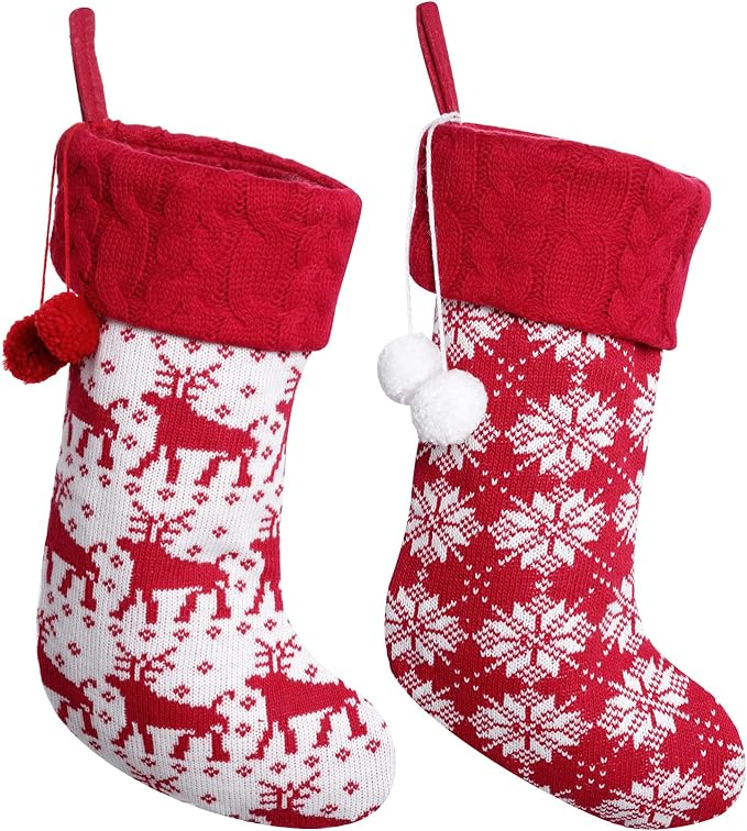 miayon 2 件装圣诞长筒袜大号圣诞针织长筒袜带鼻钩和驯鹿,乡村红色长