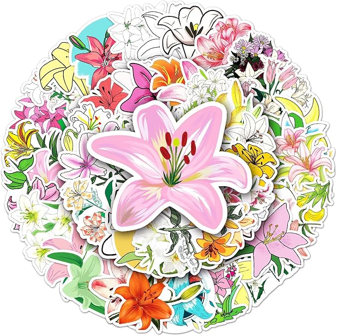 百合贴纸(50 片),青少年成人女孩男孩的礼物,水瓶防水可爱花朵贴纸