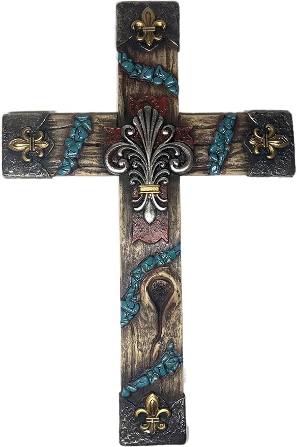 48 cm 鸢尾花带木墙十字架 red with blue resin beads