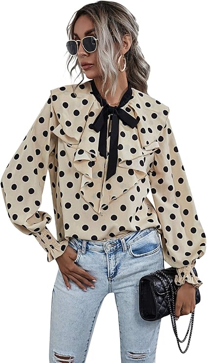 romwe 女式波尔卡圆点蝴蝶结领长袖工作褶皱衬衫上衣