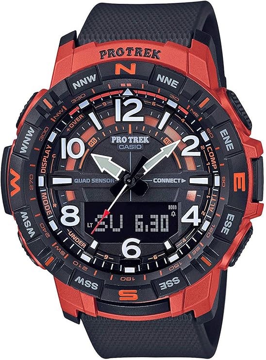 casio 卡西欧 protrek 男式 黑色和橙色四传感器智能手机链接手表 prt