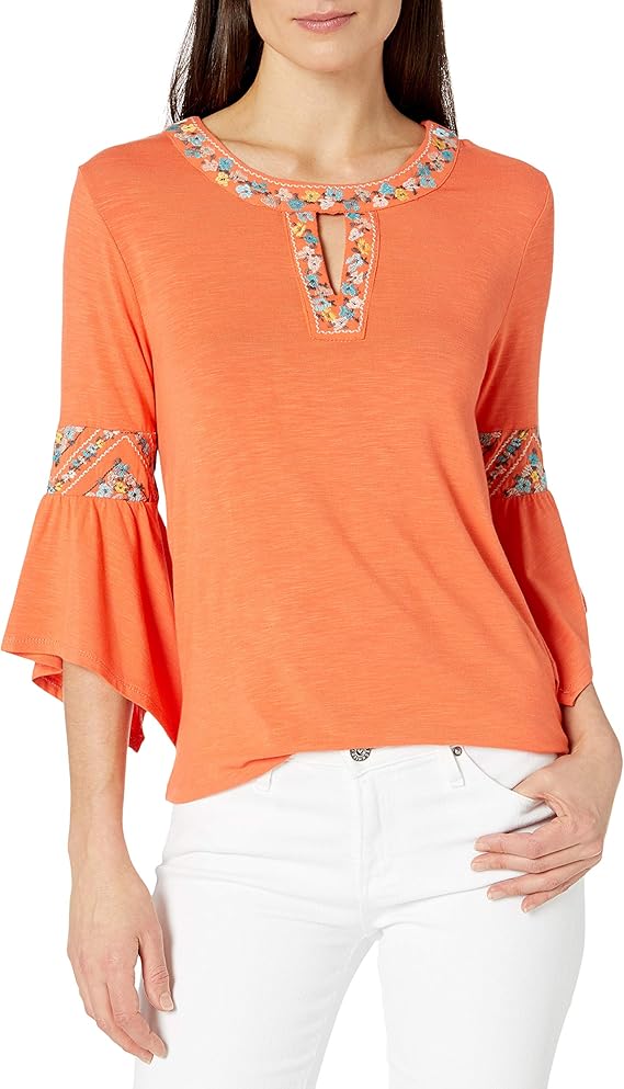 democracy女士七分袖上衣低领和刺绣