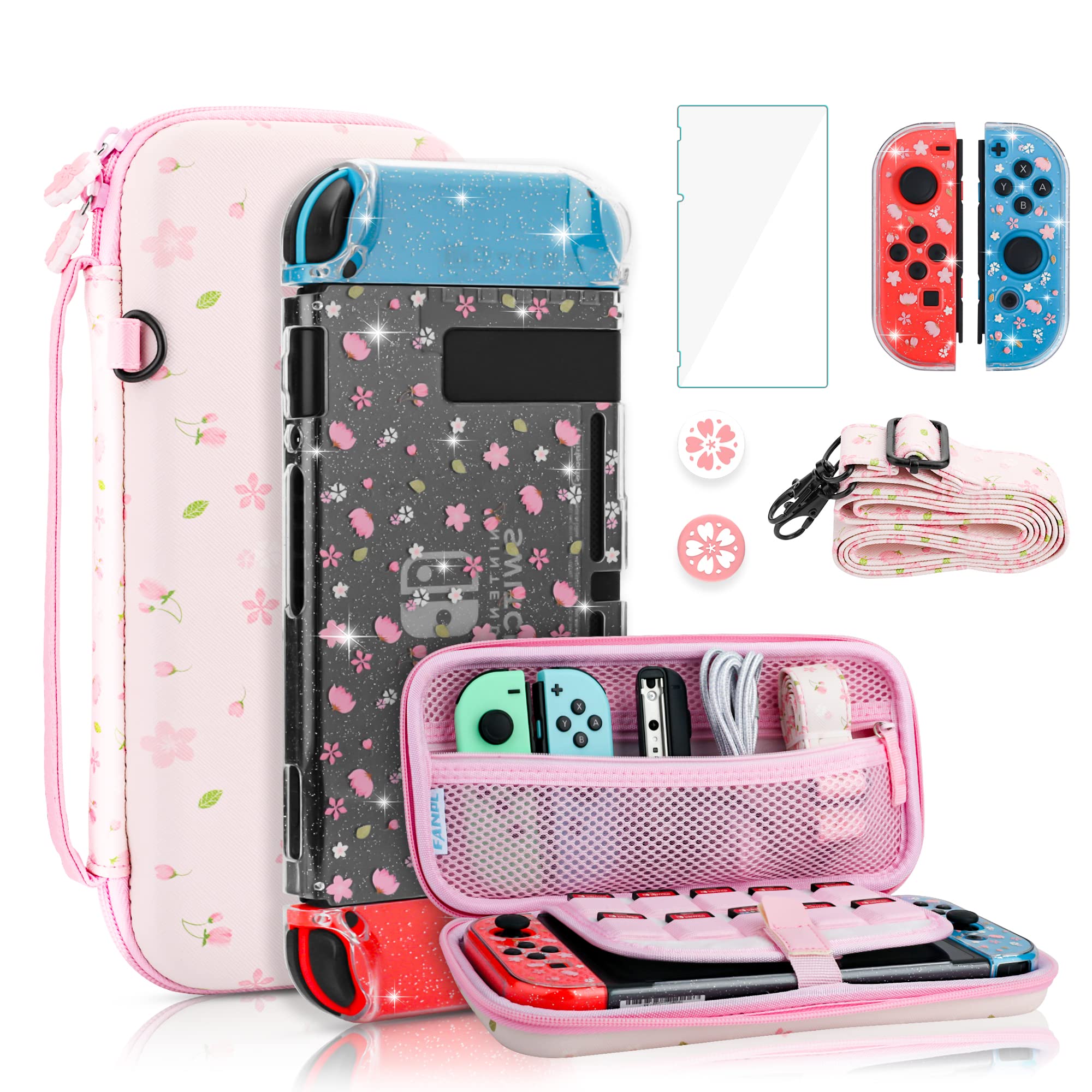 FANPL Cute Portable Bag Set Suitable for Nintendo Switch Protective Case, Pink Switch Protective Case Accessory Kit with Flower Hard Travel Case, Sparkling Sakura Computer Cover, Adjustable Shoulder S
