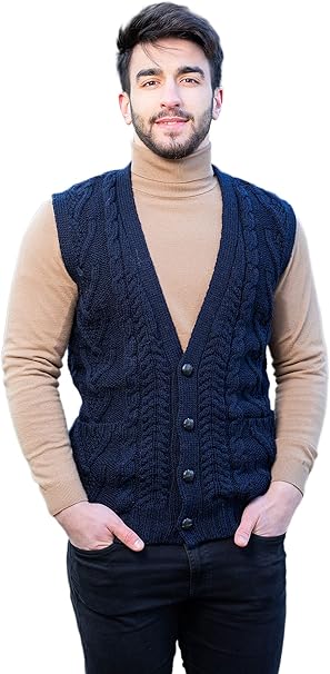 saol * 爱尔兰美利奴羊毛男士 v 领背心无袖绞花针织开衫毛衣,带纽扣