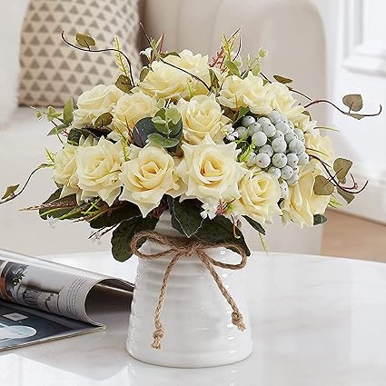 花瓶中的人造花丝绸假玫瑰浆果花布置花束适用于家庭餐桌办公室婚礼派对露台装饰 白色 Fengruil 价格报价图片