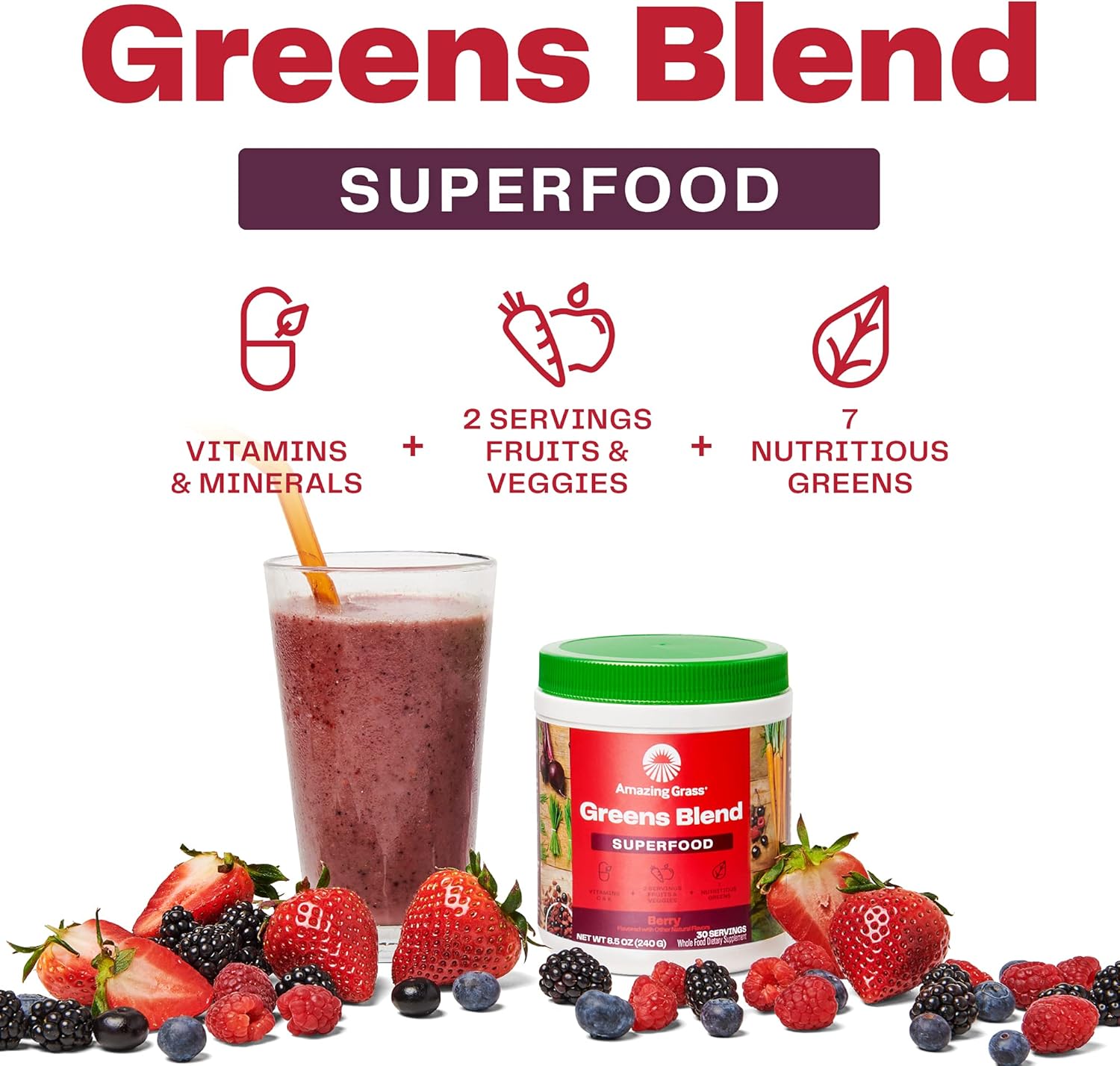 Amazing Grass Green Superfood 粉末 含螺旋藻 小球藻 消化酶和益生元 浆果 30份 8 5盎司 240克 John Son 亚马逊中国 个护健康