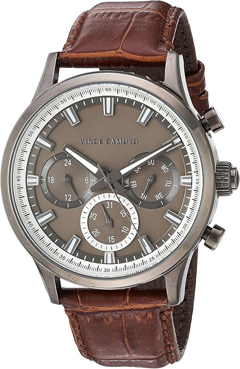 vince camuto 男式 vc/1089dgdg 多功能表盘棕色鳄鱼粒皮表带手表
