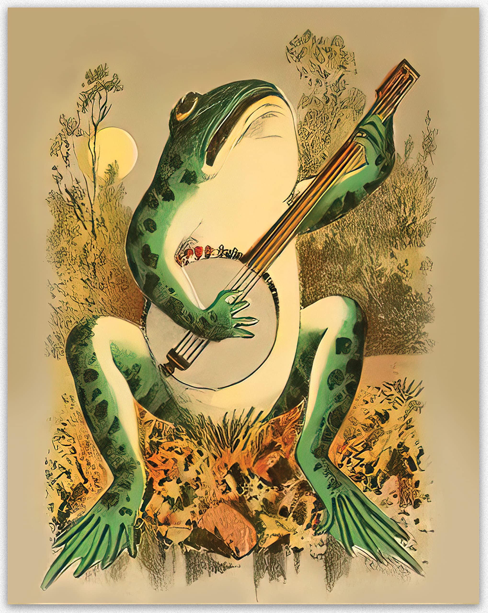 Frog Vintage Painting - Banjo Frog Poster, Living Room Wall Art, Room Aesthetic Poster, Bathroom Wall Art, Frog Decor and Vintage Decor - Home Decor Canvas Painting (0.x5.40)