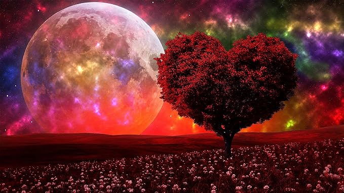 diy 5d 钻石绘画套装,成人,全钻心形树与宇宙月亮钻石艺术画数字套件