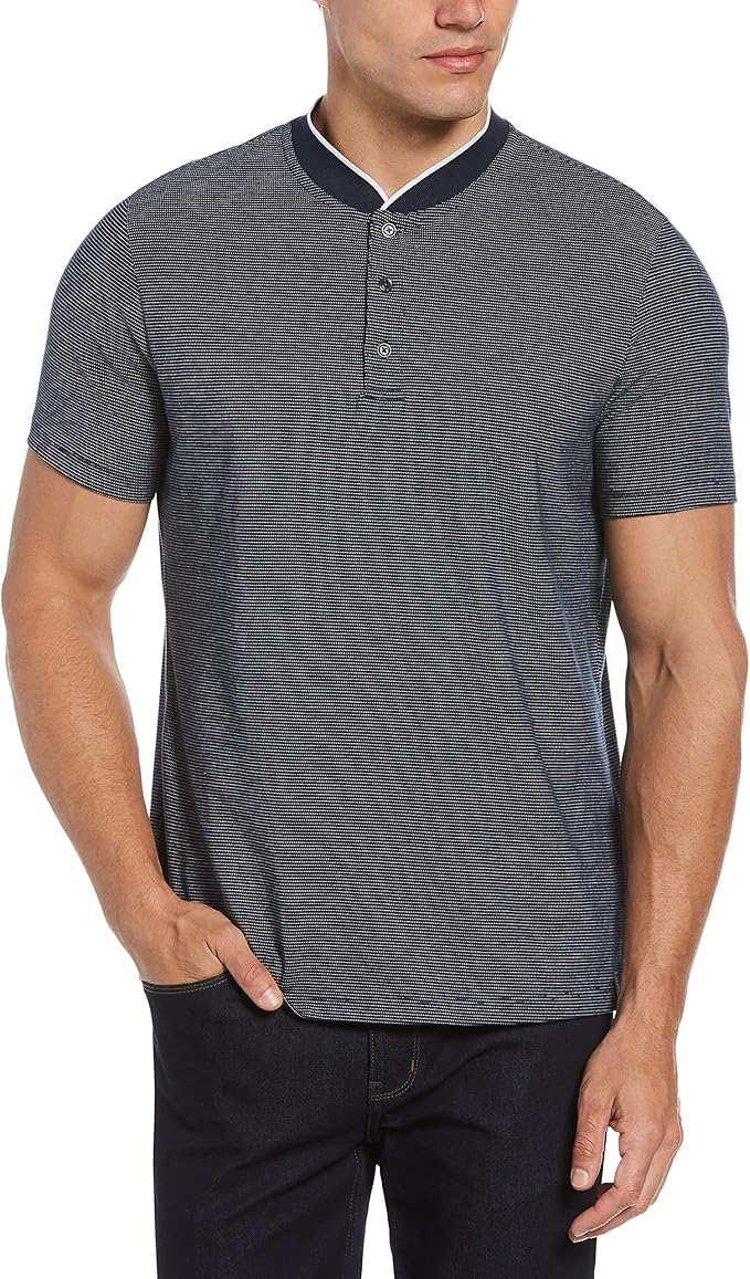 perry ellis 男式短袖纹理条纹亨利衫