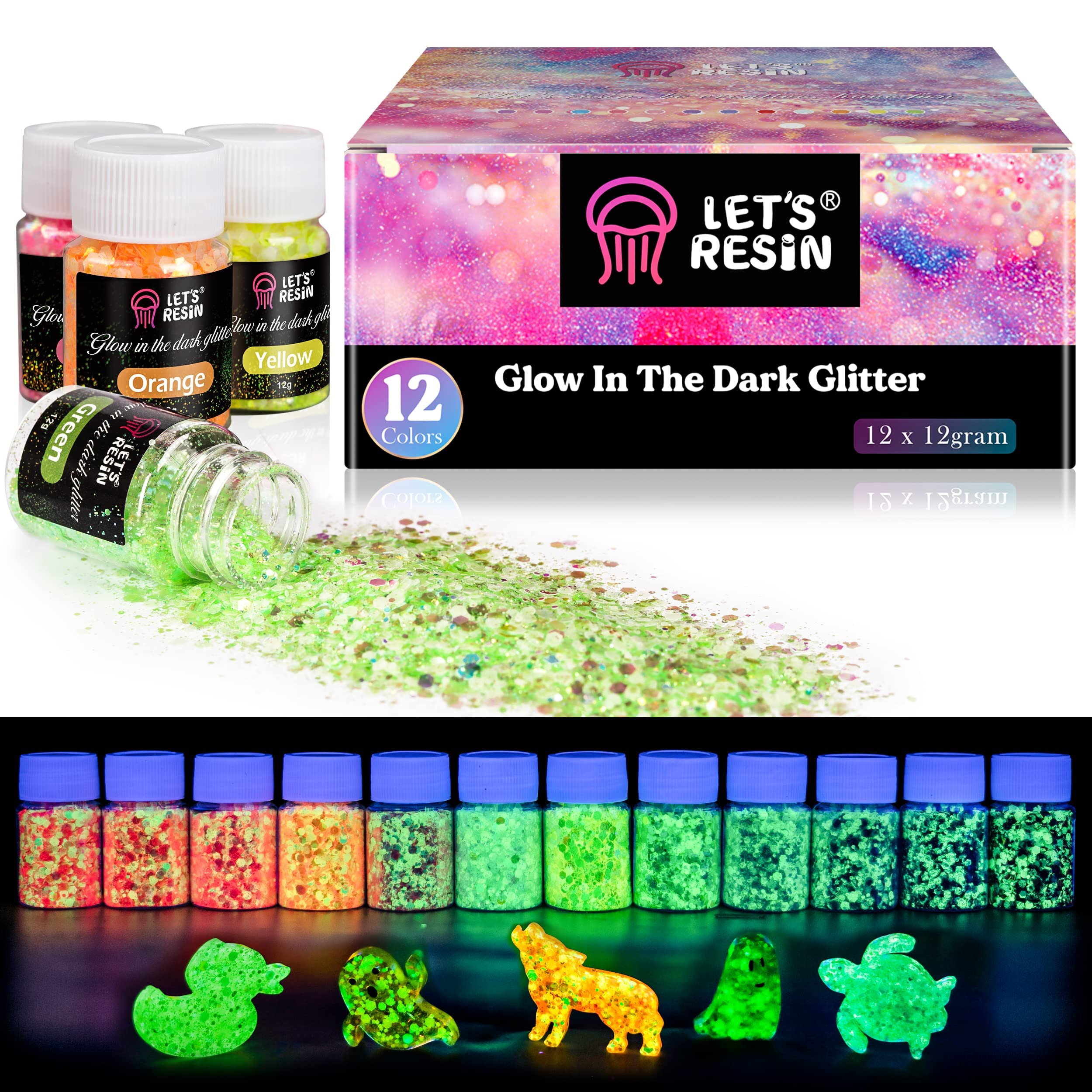 Glow in The Dark Glitter,LET'S RESIN. 0.4 oz/bottle high brightness cosmetic grade glitter for resin, cosmetics, skin, slime, glass, Halloween