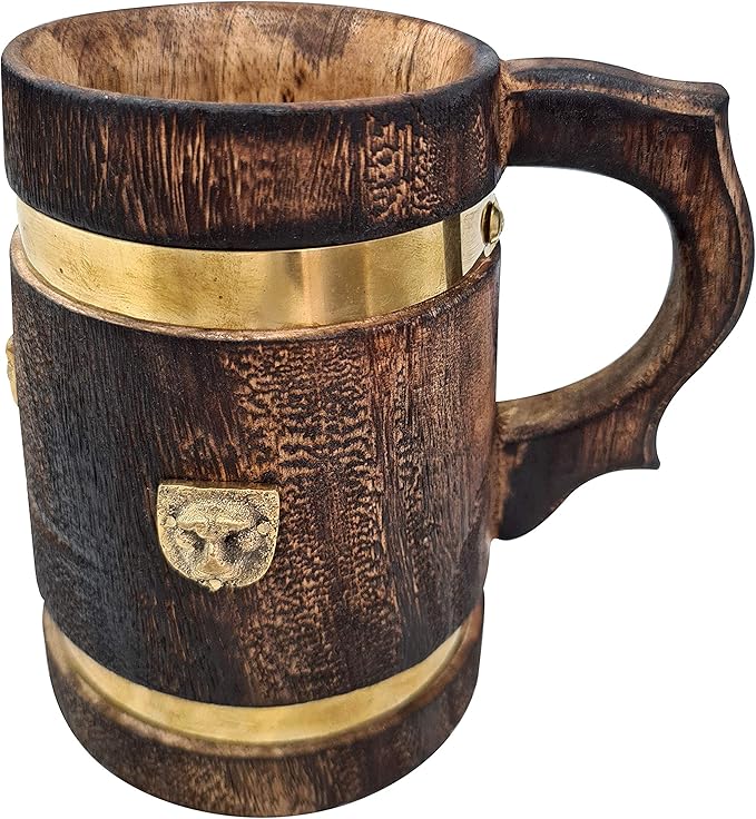复古风格中世纪灵感木制啤酒杯/斯坦黄铜桶设计压花金属狮子木背心